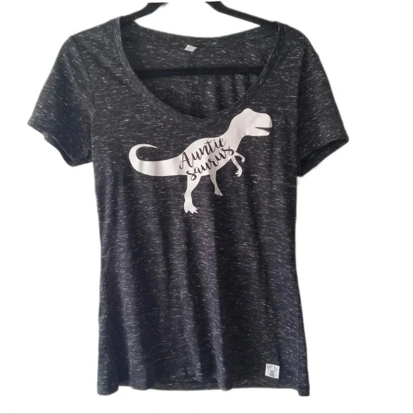 Birch Bear Tops - Birch Bear Graphic Tee V-Neck "Auntie Saurus" Gray/Black White Graphic Large